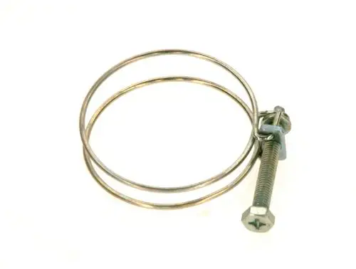 Bosch Doppeldrahtklemme aus Metall, bestehend aus zwei konzentrischen Drähten und einer Schraube. Eignet sich zur stabilen Befestigung von Rohren oder ähnlichem.